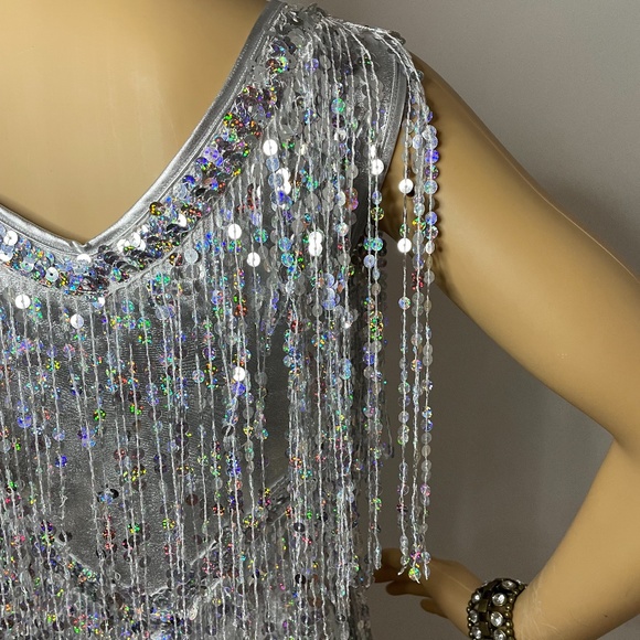 Vintage gatsby silver iridescent sequin fringe mini dress with sequin v neck! - Picture 10 of 15